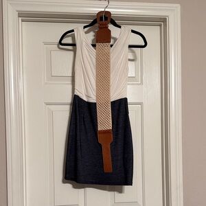 White and Blue Sleeveless Dress with Brown Belt